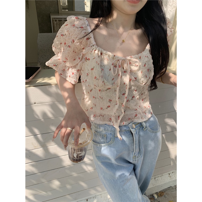 Áo Chiffon Nữ Tay Ngắn Hở Vai In Hoa Thời Trang