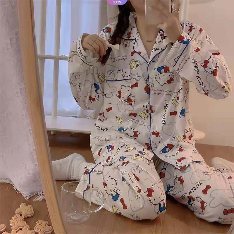 Bộ Đồ Ngủ Tay Dài In Hoạt Hình Sanrio Hello Kitty Phong Cách Nhật Bản Dễ Thương Cho Nữ
