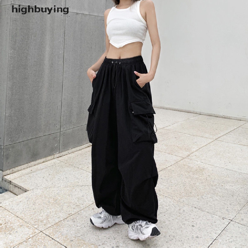Quần Baggy Lưng Cao Ống Rộng Phối Túi Phong Cách Thời Trang Harajuku Đường Phố Hàn Quốc Cho Nữ Y2k