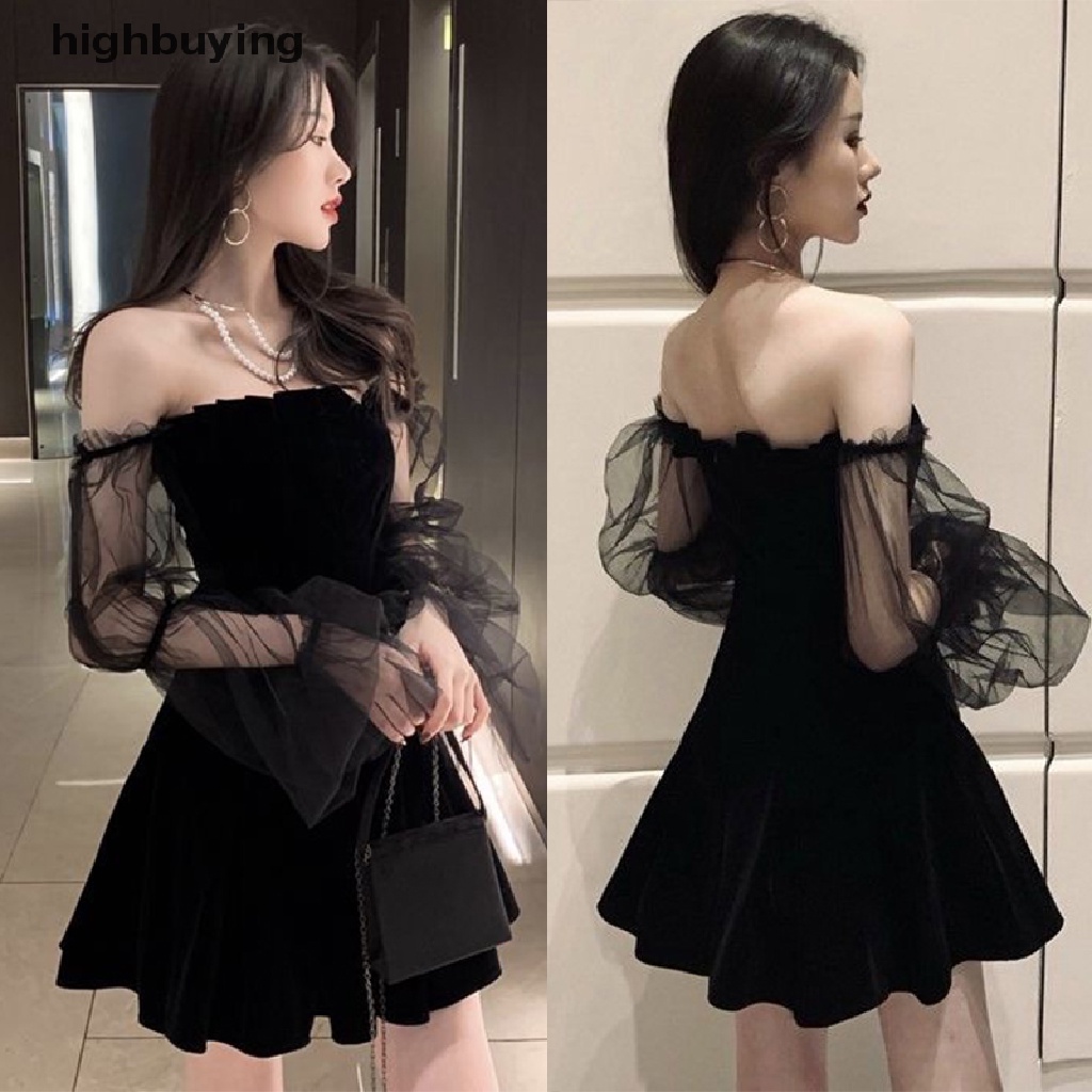 Đầm Nhung Phối Lưới Tay Dài Trễ Vai Màu Đen Phong Cách Vintage Cho Nữ
