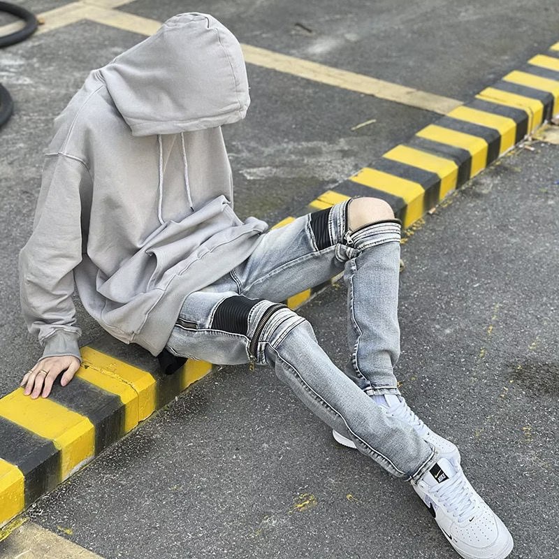Quần Jean Dài Dáng Ôm Phối Khóa Kéo Bằng Da Phong Cách hiphop Đường Phố Cá Tính Dành Cho Nam