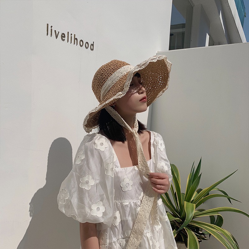Mũ Cói Rộng Vành Phối Ren Thanh Lịch Thời Trang Mùa Hè