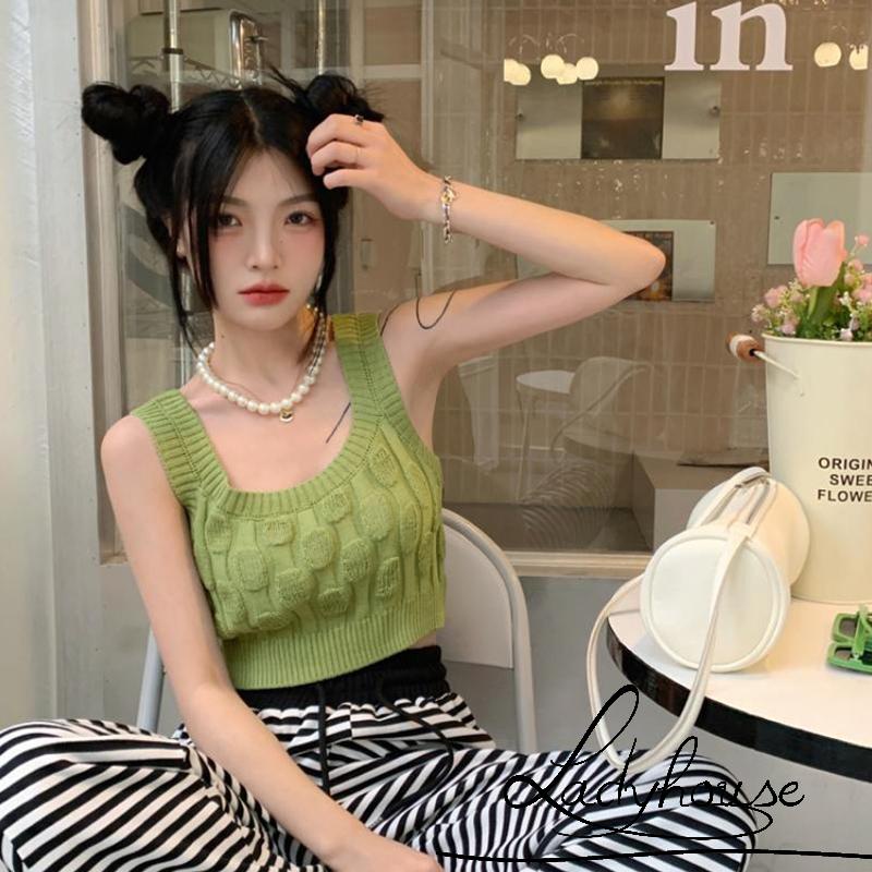 Áo Croptop Dệt Kim Hai Dây Màu Sắc Đơn Giản Cho Nữ