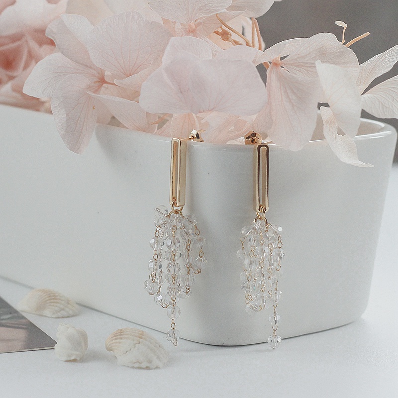 Bông Tai Mạ Bạc 925 Dáng Dài Đính Hạt Pha Lê Tua Rua Đơn Giản Thời Trang Phong Cách Hàn Quốc Cho Nữ