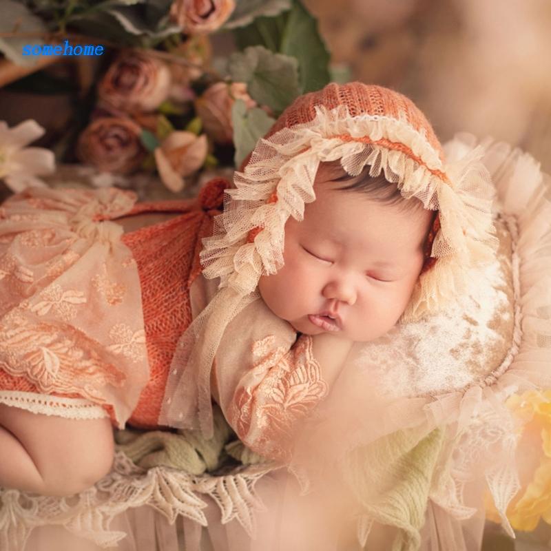 Bộ Áo Liền Quần + Băng Đô Co Giãn Chụp Ảnh Cho Bé 0-1 Tháng Tuổi