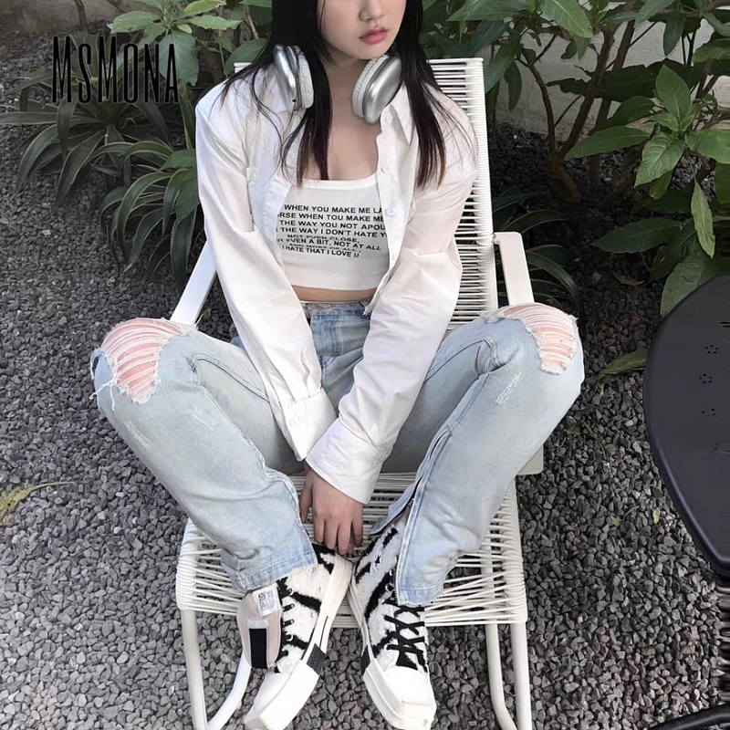 MsMona Áo Tank Top Hai Dây Cổ Vuông In Chữ Thời Trang 2023 Dành Cho Nữ