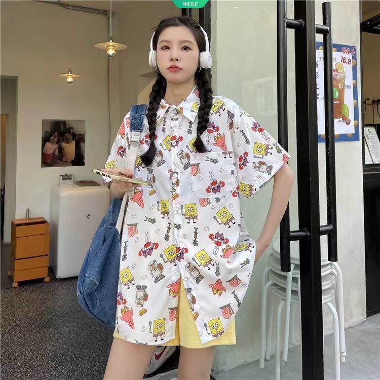 Áo Sơ Mi Ngắn Tay Dáng Rộng In Hình Spongebob Phong Cách Retro Nhật Bản Thời Trang Mùa Hè 2023 Dành Cho Nữ Sinh