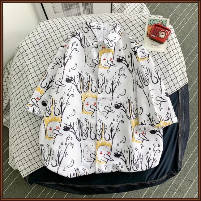 Áo Sơ Mi Tay Lửng Dáng Rộng In Họa Tiết Hoạt Hình Graffiti Thời Trang Cho Nam