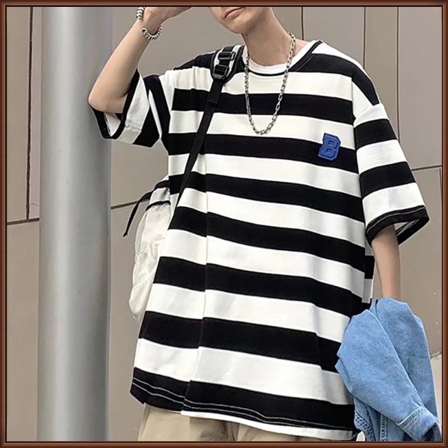Áo Thun Tay Lỡ Cổ Tròn Họa Tiết Kẻ Sọc Thoáng Khí Thời Trang Mùa Hè Cho Nam