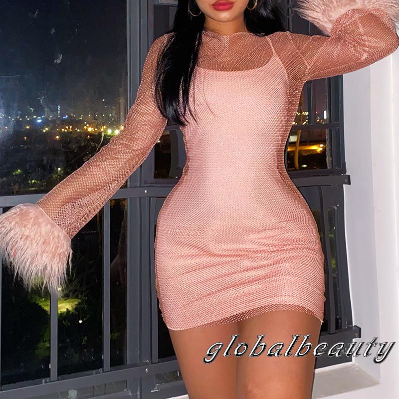 Đầm Mini Dài Tay Cổ Tròn Phối Lưới Lấp Lánh Thời Trang Cho Nữ