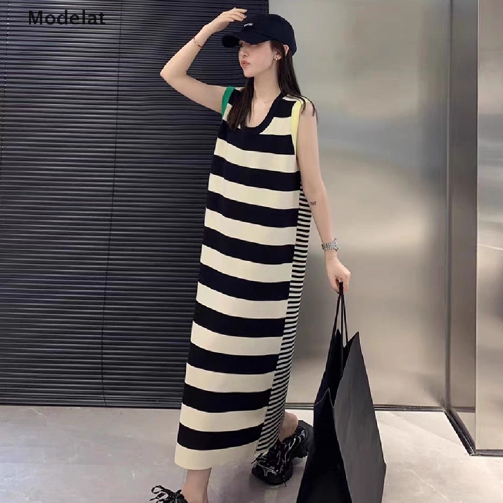 Đầm Dệt Kim Dáng Chữ A Cổ Tròn Họa Tiết Kẻ Sọc Phong Cách Hàn Quốc Thời Trang Cho Nữ