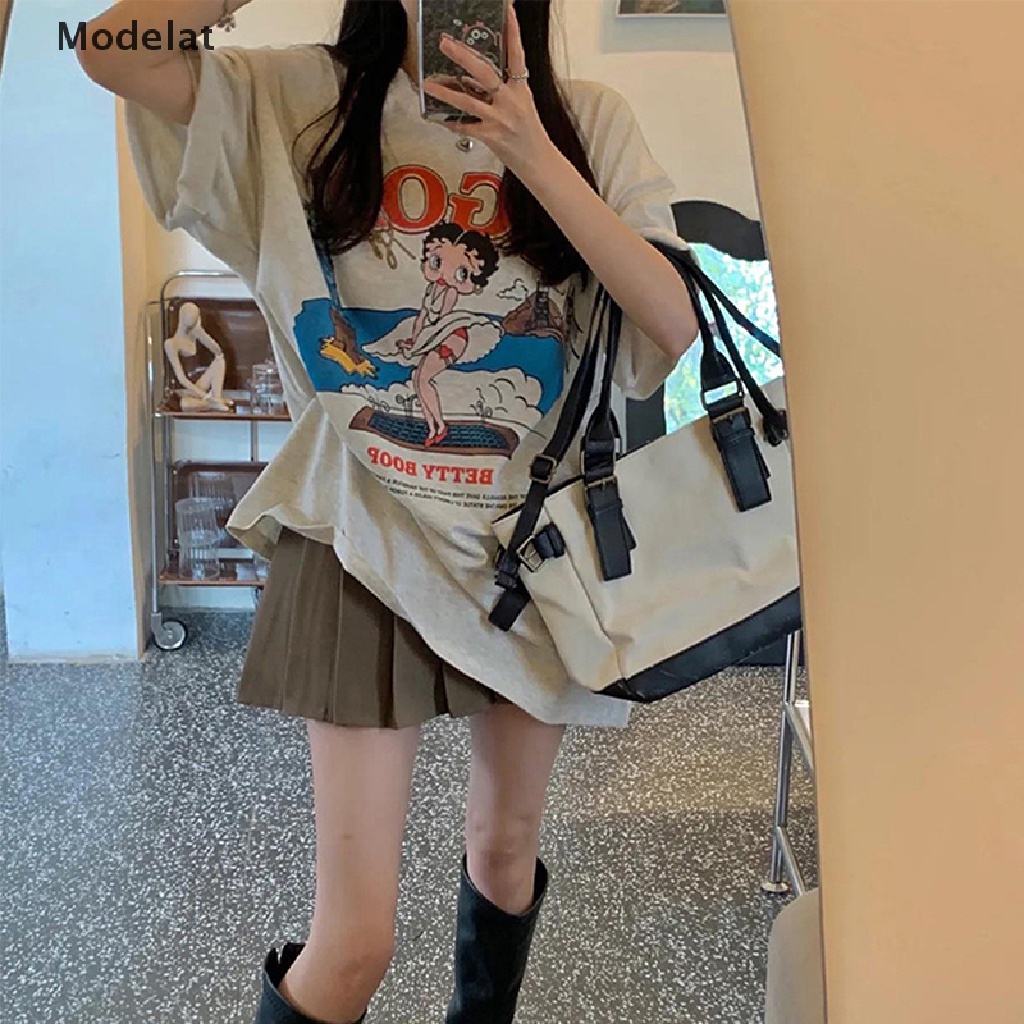 Áo Thun Tay Ngắn Cổ Tròn Dáng Rộng In Họa Tiết Hoạt Hình Thời Trang Cho Nữ