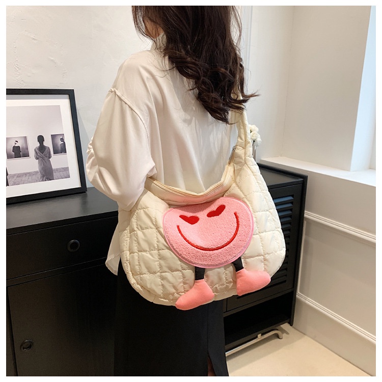 Túi Xách Đeo Vai Cỡ Lớn Bằng Nylon Họa Tiết Mặt Cười Hoạt Hình Phong Cách Hàn Quốc Cho Nữ