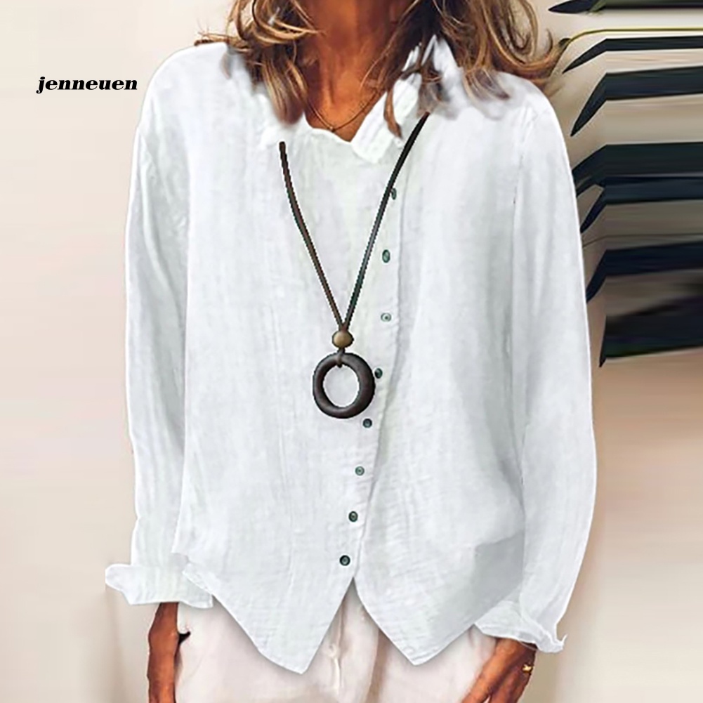 Áo Sơ Mi Vải Lanh Cotton Tay Dài Màu Sắc Đơn Giản Dành Cho Nữ