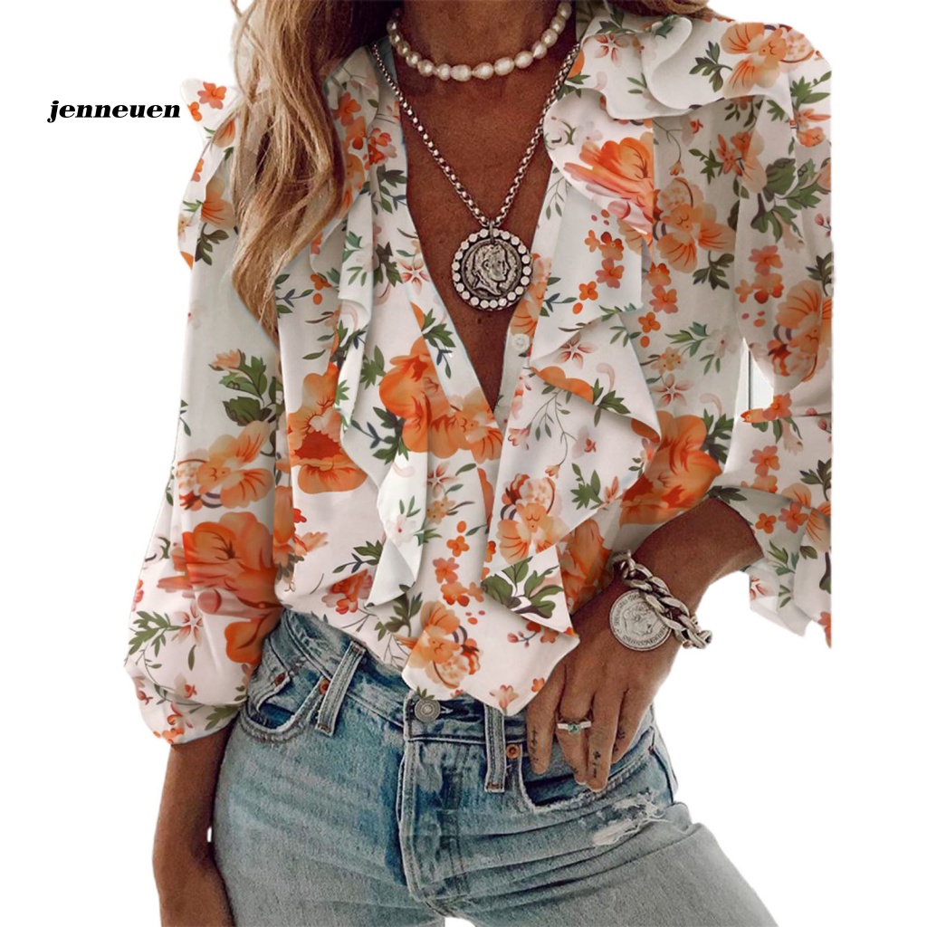 Áo Chiffon Cổ Chữ V Tay Dài In Họa Tiết Thời Trang Xuân Hè Quyến Rũ Cho Nữ