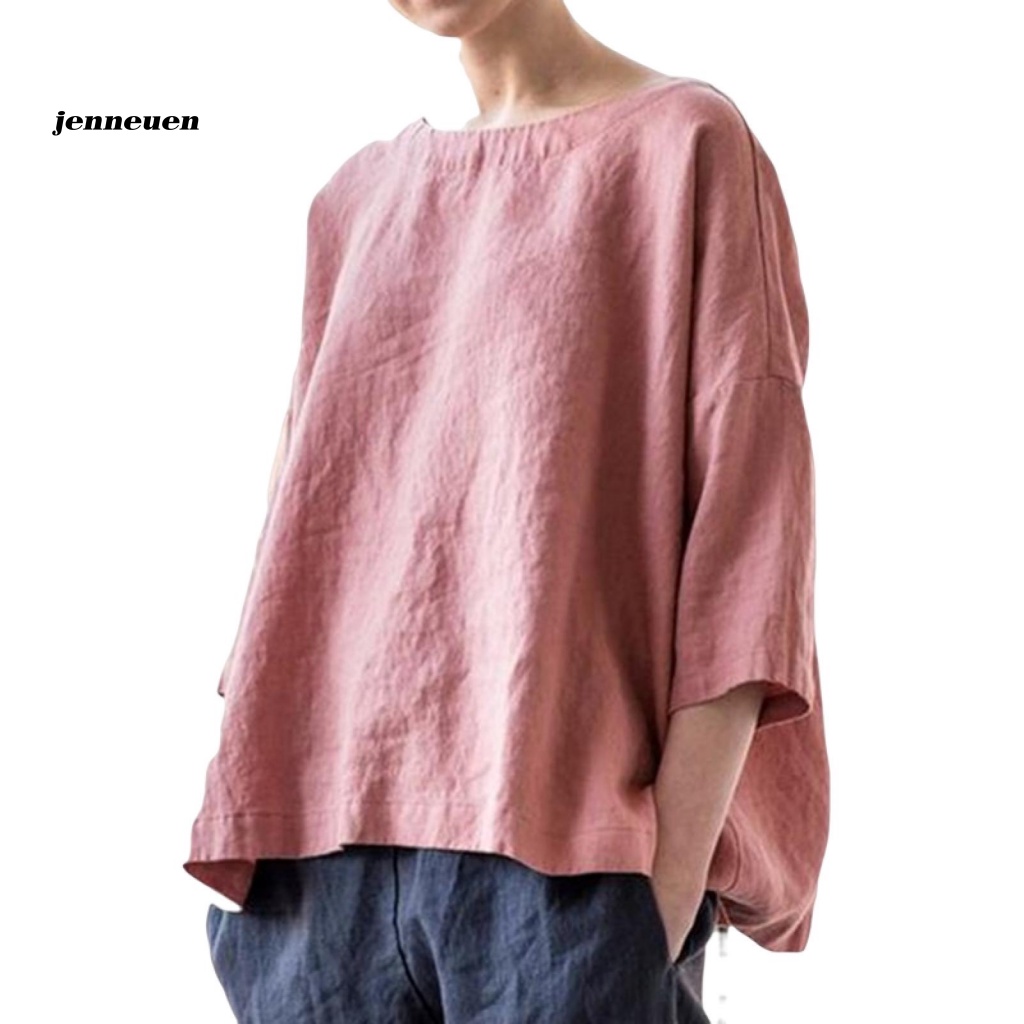 Áo Sơ Mi Tay Lỡ Cổ Tròn Màu Sắc Trơn Thoáng Khí Thời Trang Mùa Hè Cho Nữ