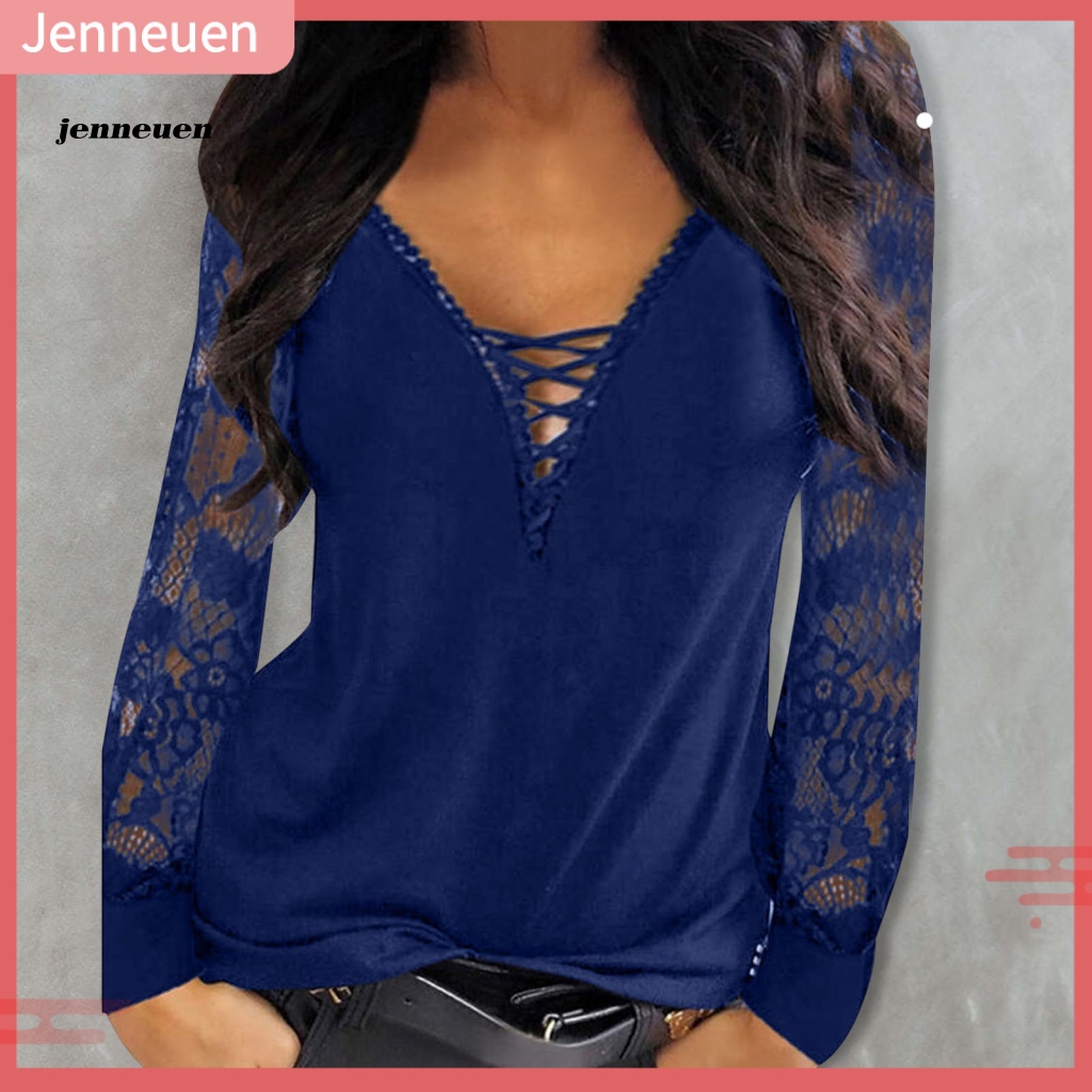 Áo Kiểu Tay Dài Cổ Chữ V Dây Chéo Màu Trơn Thêu Họa Tiết Hoa Xinh Xắn Thời Trang Cho Nữ