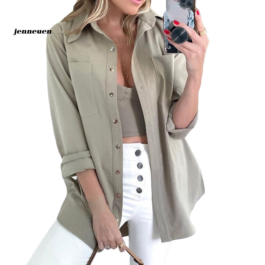 Áo Sơ Mi Tay Dài Màu Trơn Có Túi Thời Trang Dành Cho Nữ