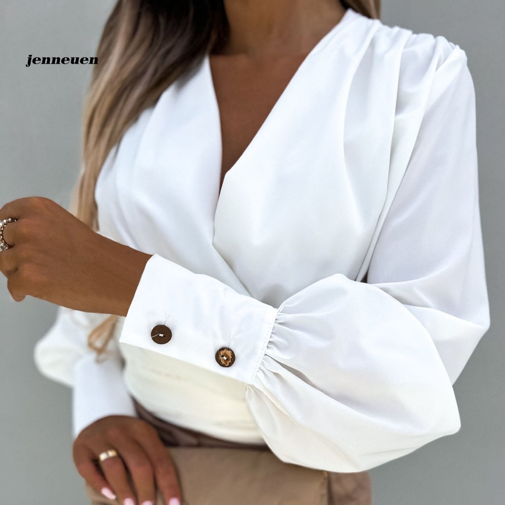 Áo Sơ Mi Tay Dài Phồng Cổ Chữ V Xếp Ly Cài Nút Màu Trơn Thời Trang Dành Cho Nữ