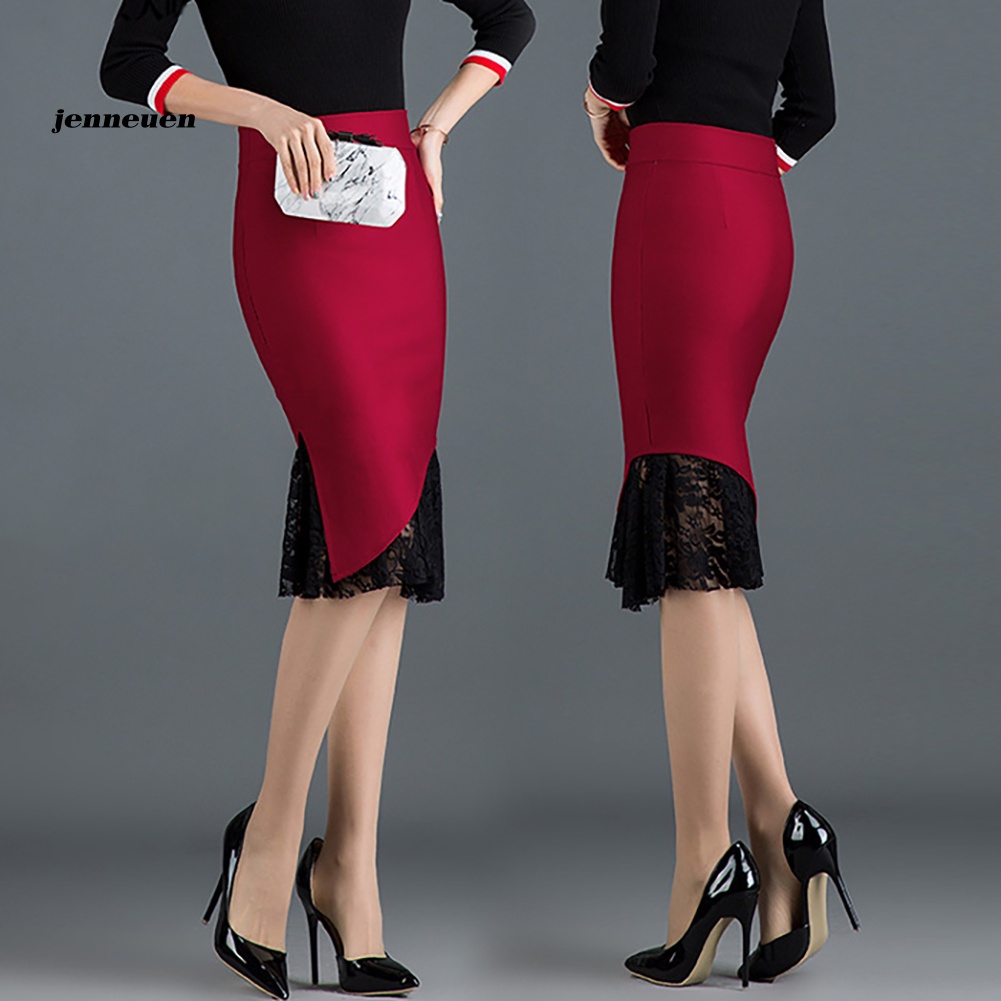 Chân Váy Bút Chì Lưng Cao Phối Ren Thời Trang Thu Đông Cho Nữ