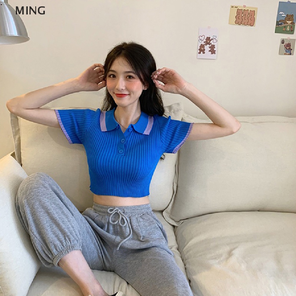 Áo Croptop Dệt Kim Tay Ngắn Màu Sắc Tương Phản Thời Trang Mùa Hè Cho Nữ
