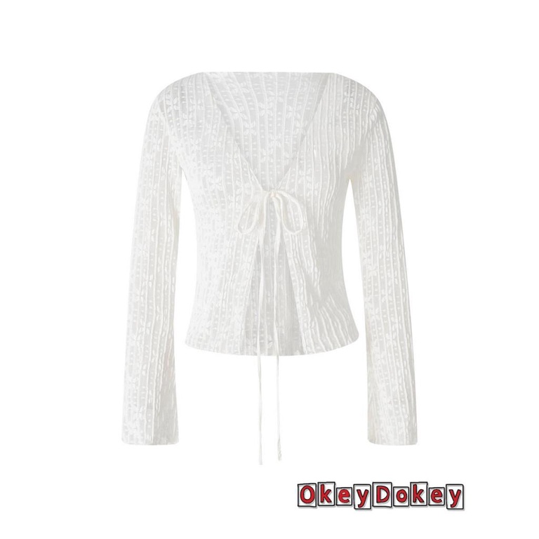 Áo Crop Top Tay Dài Cổ Chữ V Vải Sheer Buộc Dây In Họa Tiết Hoa Thời Trang Mùa Hè Cho Bạn Gái Y2K