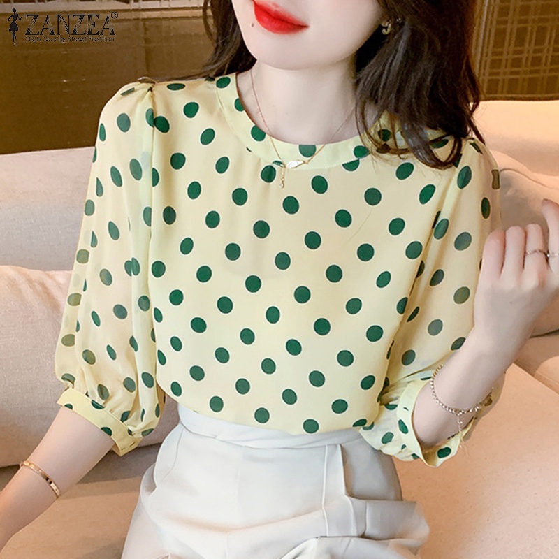 Zanzea Áo Nữ Tay 3 / 4 Họa Tiết Chấm Bi Phong Cách Hàn Quốc