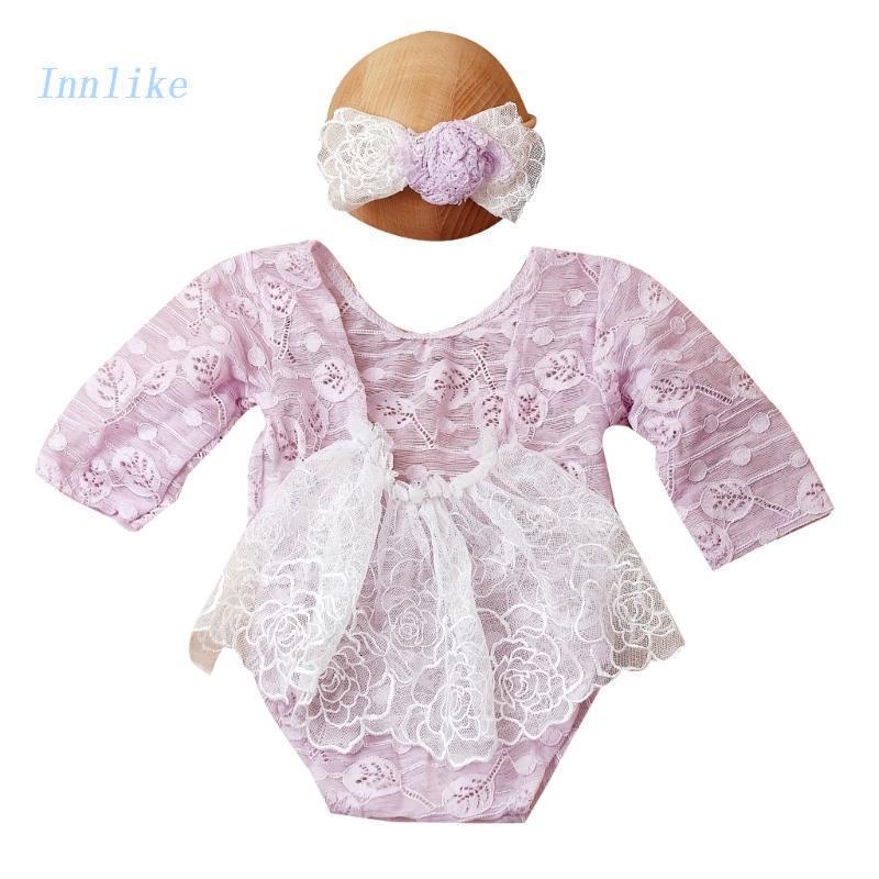 Bộ Áo Liền Quần Tam Giác Phối Ren + Băng Đô Dùng Chụp Ảnh Cho Bé Sơ Sinh