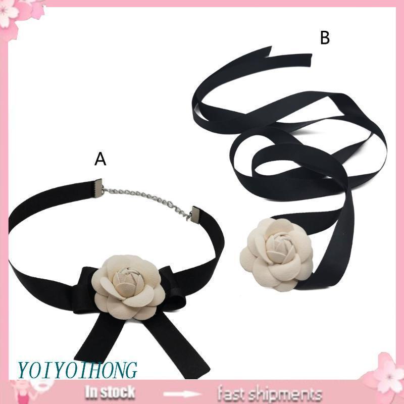 Vòng Cổ Choker Hình Nơ Hoa Trà Trắng Thời Trang