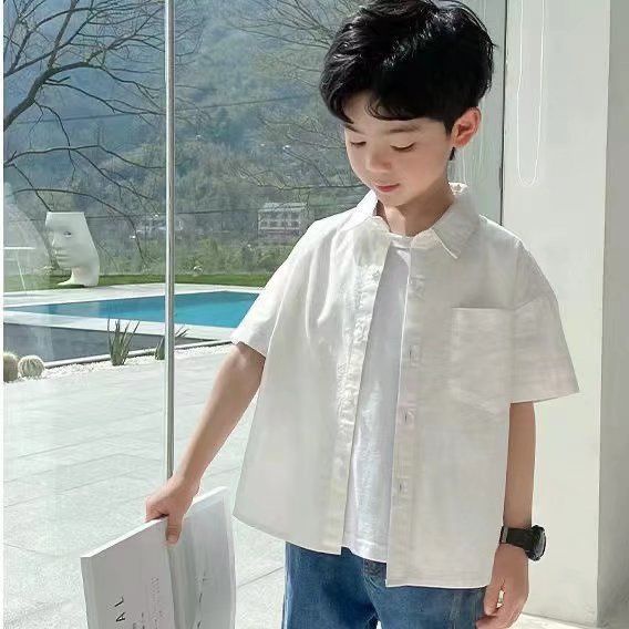 Áo Sơ Mi Bé Nam Size Đại 50KG Áo Sơ Mi Trắng Hàn Quốc Chất Cotton Dáng Rộng In Chữ Cho Bé Trai 11 12 13 14 15 TuổiTuổi