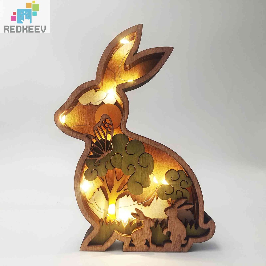 Tượng Thỏ Gỗ Rỗng 3D Dễ Thương Có Đèn