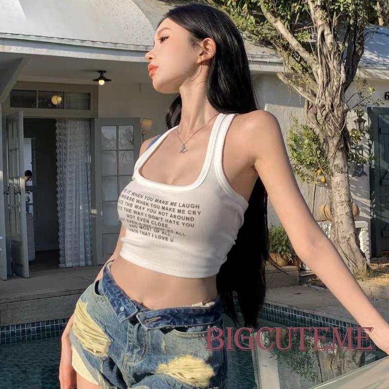 Áo Tank Top Sát Nách Mùa Hè Màu Trắng In Họa Tiết Chữ Cho Nữ
