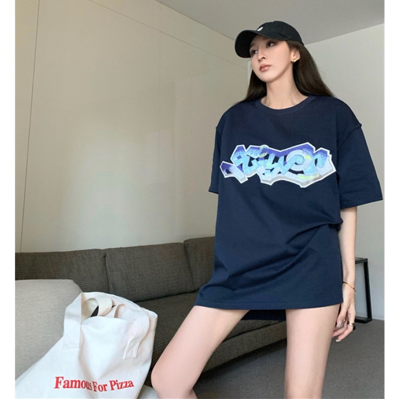 Áo Thun Ngắn Tay Cổ Tròn Dáng Rộng In Chữ Cá Tính Cho Nữ