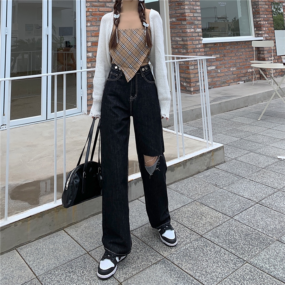 Quần Jeans Đen Lưng Cao Ống Rộng Thiết Kế Rách Gối Phong Cách Hàn Quốc