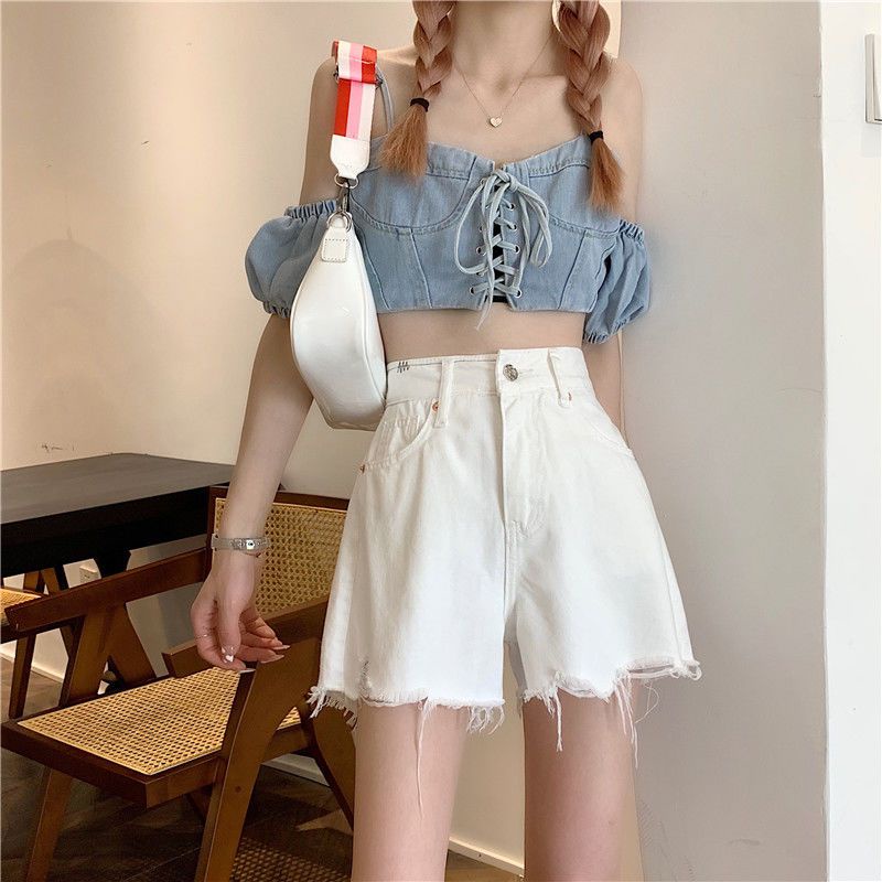 Quần Short Denim Lưng Cao Ống Rộng Thời Trang Mùa Hè Phong Cách Hàn Quốc Cho Nữ