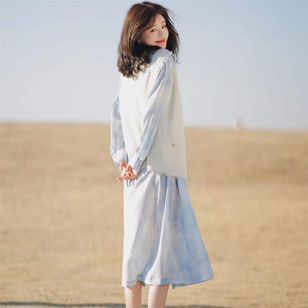 Đầm Sơ Mi Xanh Dương Chiết Eo Phong Cách Pháp Thời Trang Mới Cho Nữ