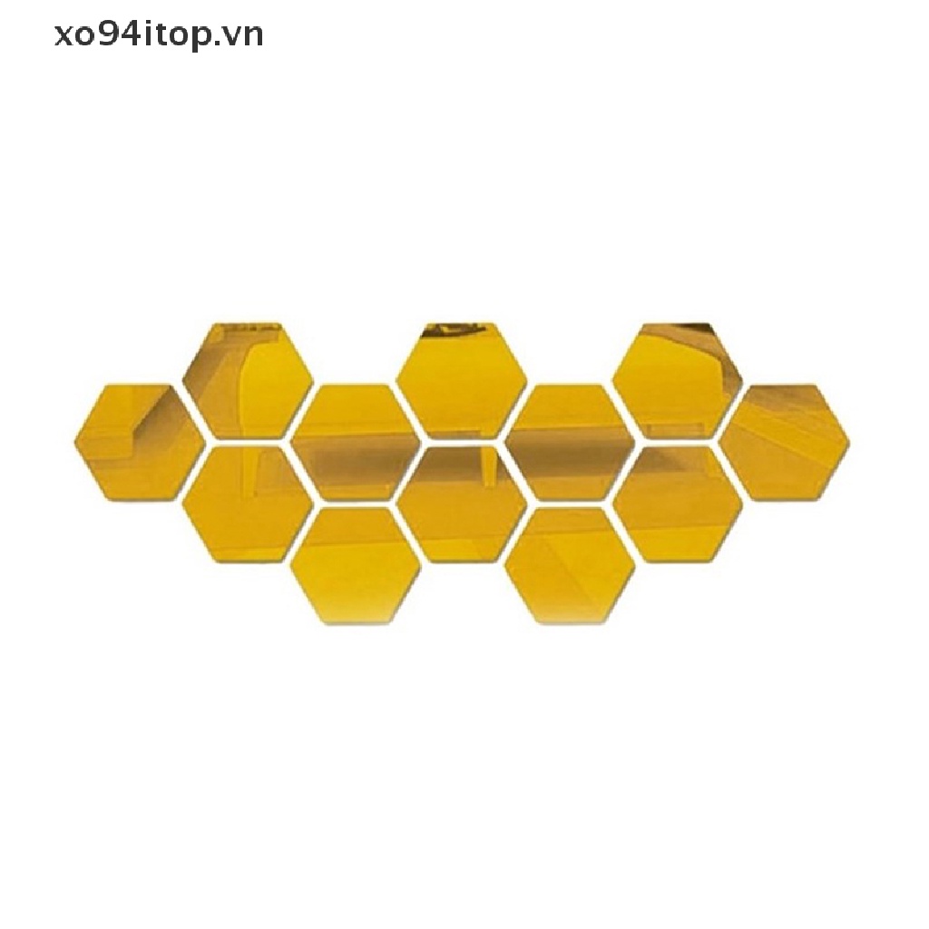 Set 12 Đề Can Vinyl Hình Lục Giác Tráng Gương 3D DIY Trang Trí Nhà Cửa Có Thể Tháo Gỡ