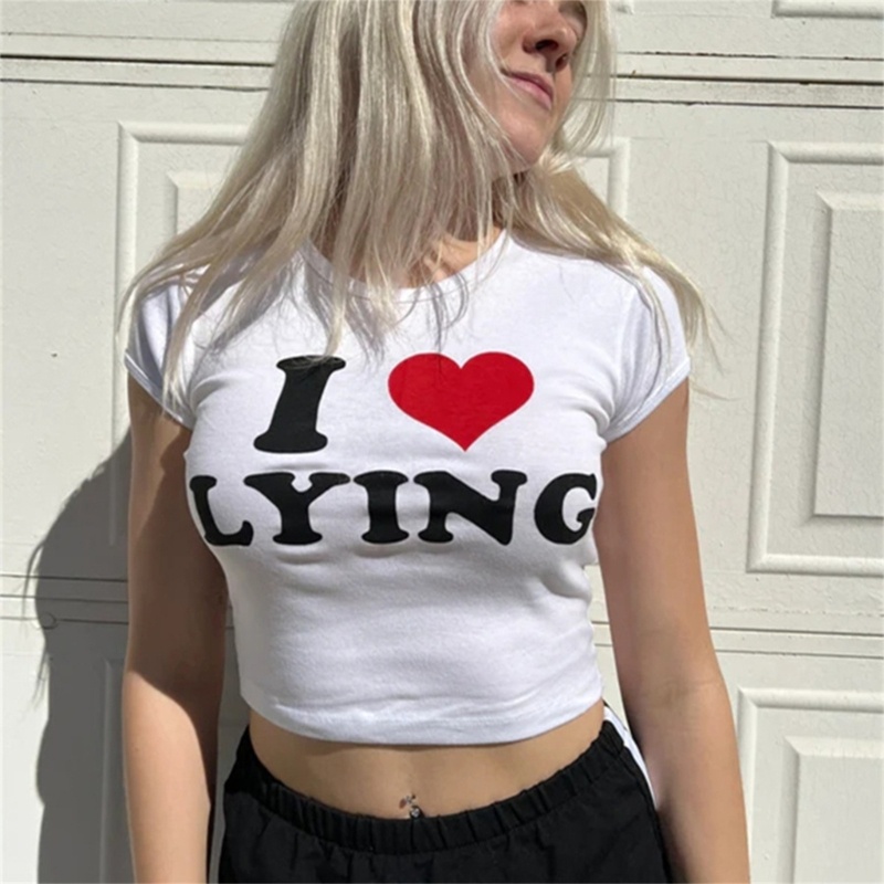 Áo Croptop Ngắn Tay Cổ Tròn In Chữ Cá Tính Cho Nữ