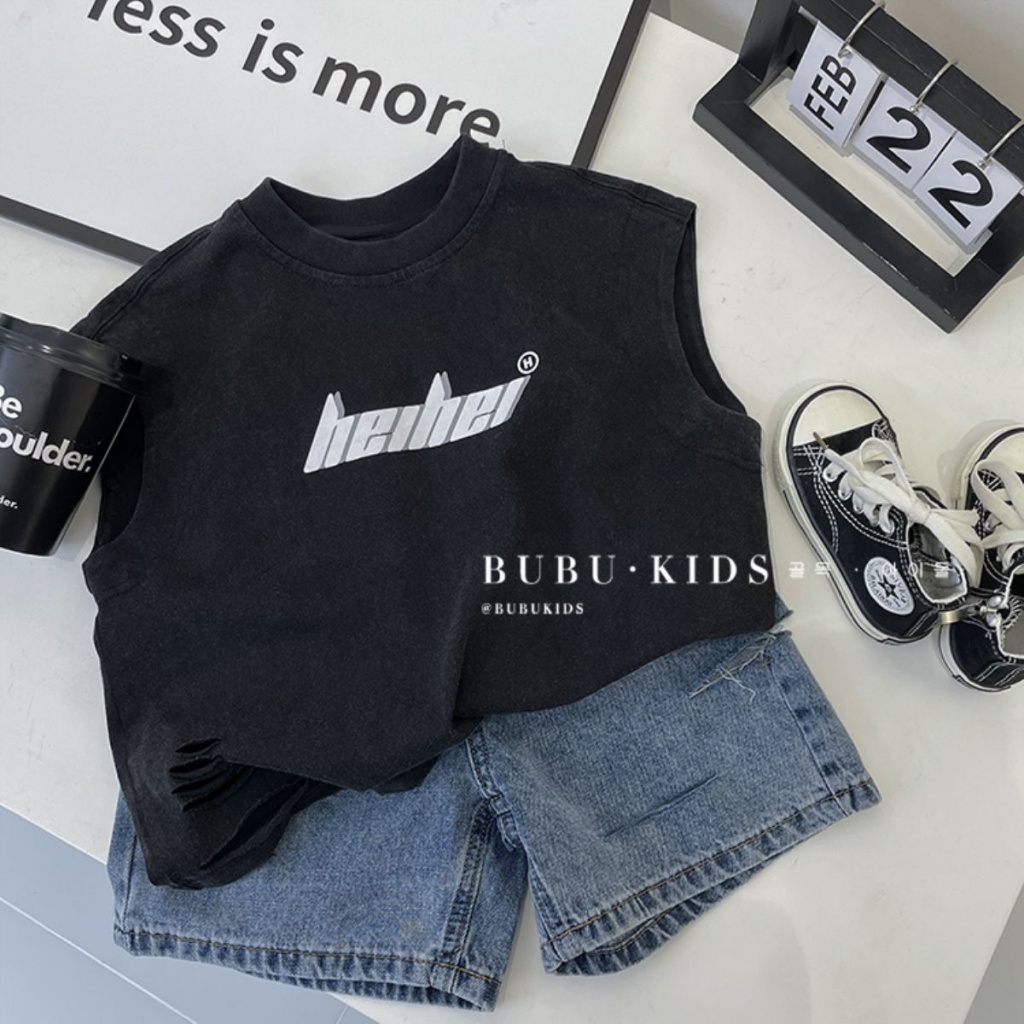 Bộ Áo Sát Nách Cổ Tròn In Chữ + Quần Short Denim Phong Cách Hàn Quốc Thời Trang Mùa Hè Cho Bé