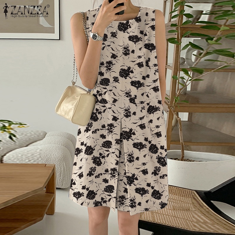 Zanzea Đầm Nữ Cộc Tay Cổ Tròn Xếp Ly Thời Trang Hàn