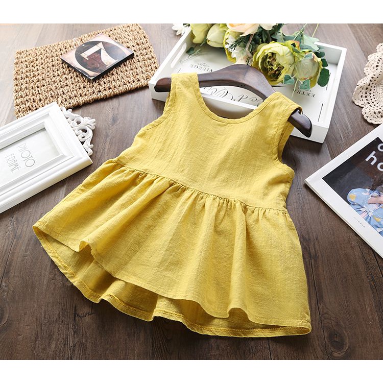 Đầm Sát Nách Vải Lanh Cotton Phong Cách Hàn Quốc Dễ Thương Cho Bé Gái