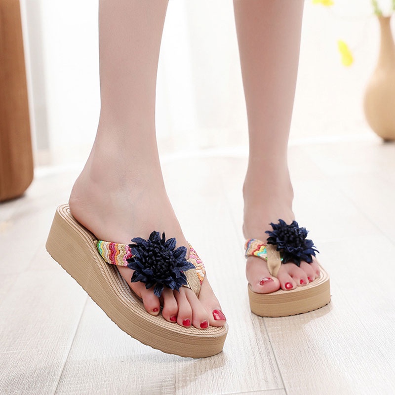 197.Dép Xỏ Ngón Đế Xuồng Đan Cói PP Đính Hoa Thời Trang Đi Biển Cho Nữ