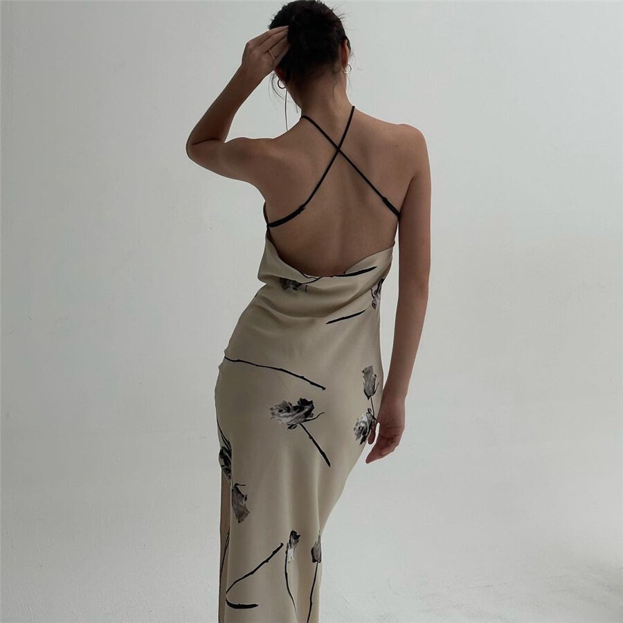 KLALIEN Đầm Maxi Hai Dây Hở Lưng Dáng Ôm In Họa Tiết Hoa Phong Cách Pháp Tinh Tế Quyến Rũ Dành Cho Nữ
