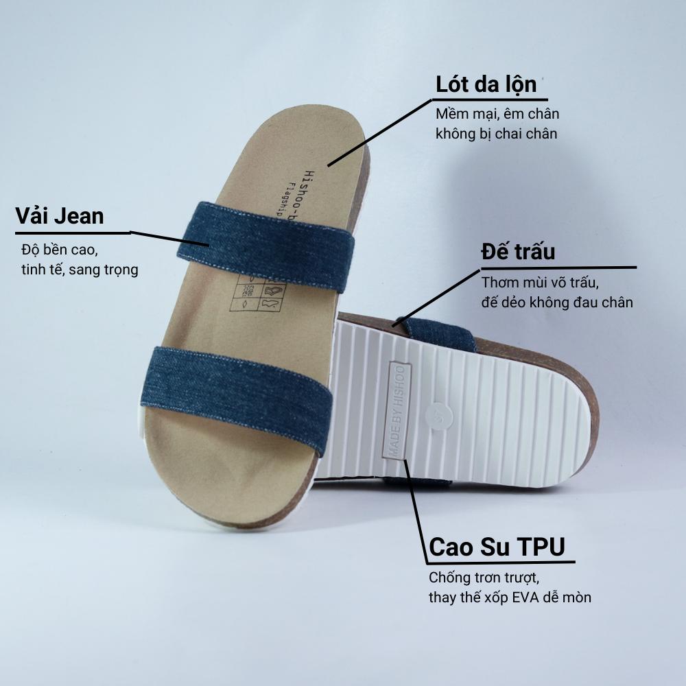 Dép đế trấu birken nam nữ unisex quai ngang vải jean size 35 - 43 chính hãng Hishoo S117