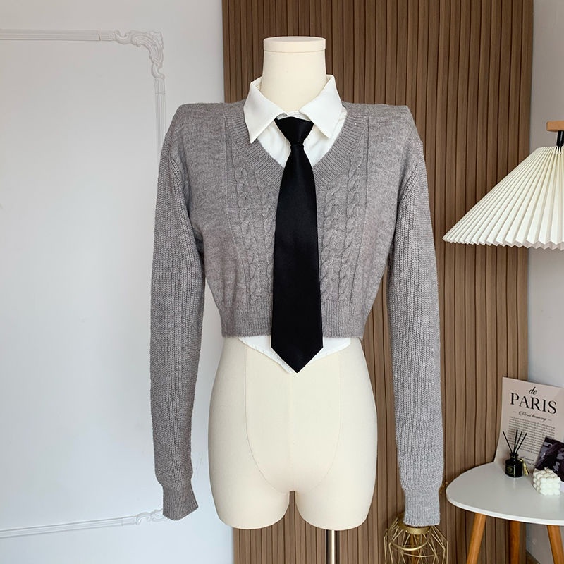Set Áo Sơ Mi Tay Dài Cổ Chữ v Kèm Chân Váy Ngắn Thời Trang Cho Nữ