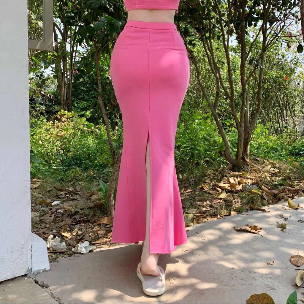 Bộ Áo Ống Màu Trơn + Chân Váy Đuôi Cá Lưng Cao Thời Trang Mùa Hè Quyến Rũ Cho Nữ