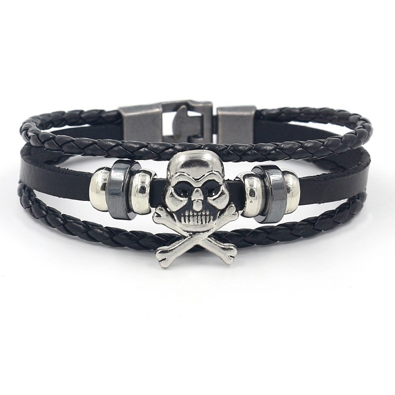 Vòng Tay Da PU Nhiều Lớp Phối Hạt Thép Không Gỉ Hình Đầu Lâu Phong Cách Rock Cổ Điển Thời Trang Cho Nam Và Nữ