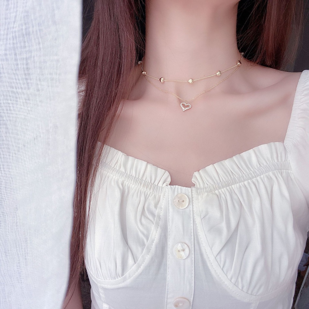 Vòng cổ Hai Lớp Mặt Trái Tim Đính Đá Thời Trang Dành Cho Nữ