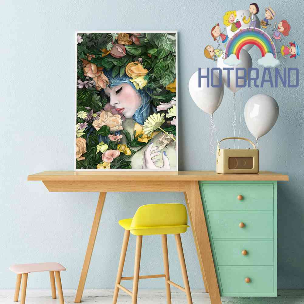 Tranh Đính Đá Kim Cương Toàn Bộ 5D DIY Hình Vẽ Cô Gái Và Hoa
