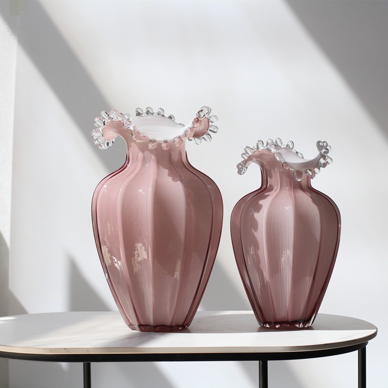 Bình Hoa Thủy Tinh Lọ Hoa Thủy Tinh Miệng Lượn Màu Hồng Decor Phòng Cắm Hoa Siêu Đẹp